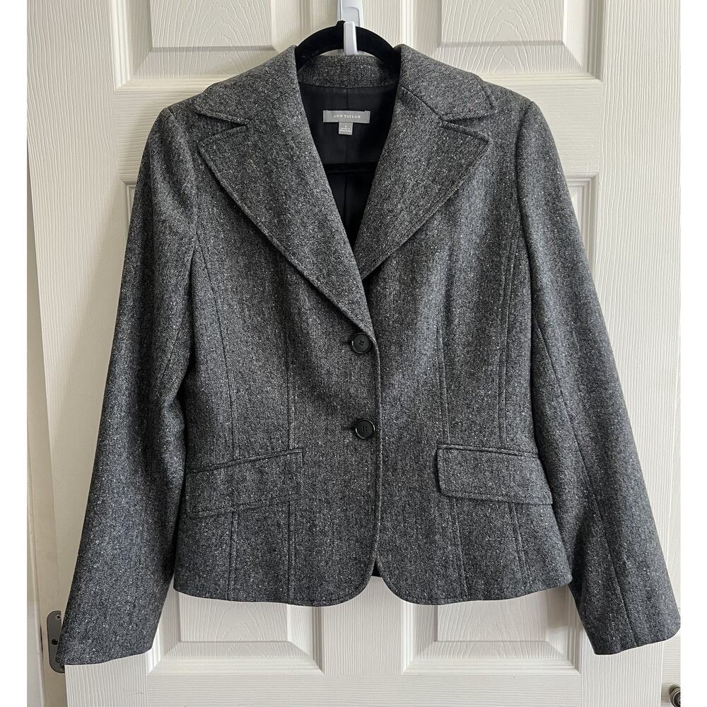 ANN TAYLOR Vintage Virgin Wool Gray Tweed Fitted Career Blazer Jacket Sz 6